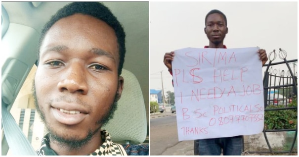 Frustrated Nigerian graduate carries placard and begs for job by the roadside |Battabox.com