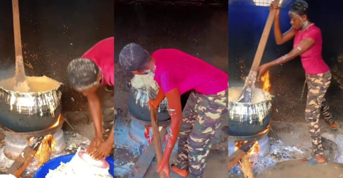 I will be rich till I die: Strong army lady works hard to make fufu in large pot | Battabox.com