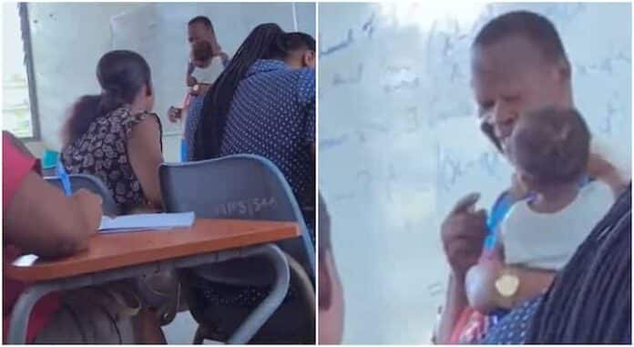 Lecturer helps student who is a nursing mother to carry her baby