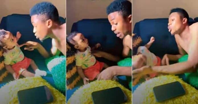 Nigerian father rustles infant son for not being able to sit properly at 3 months old