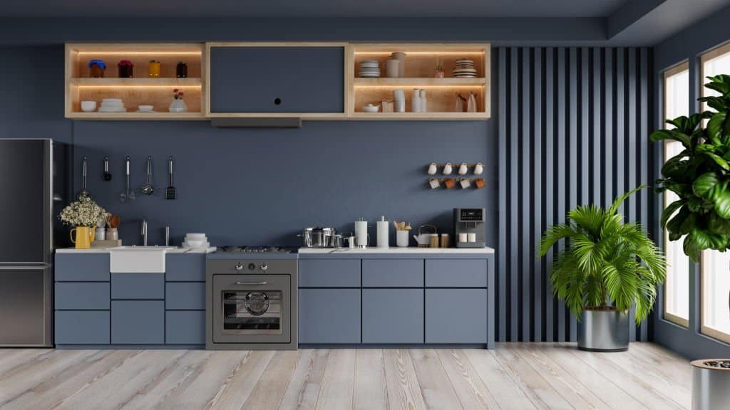 Luxury kitchen corner design with dark blue wall.