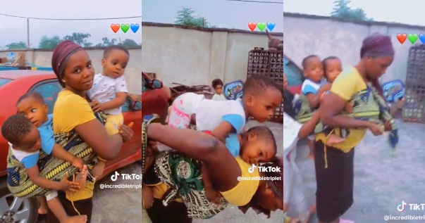 Nigerian mother skillfully carries her three babies |Battabox.com