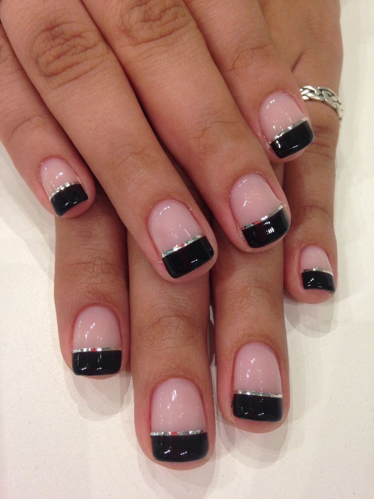  Black French tips with silver stripe accents