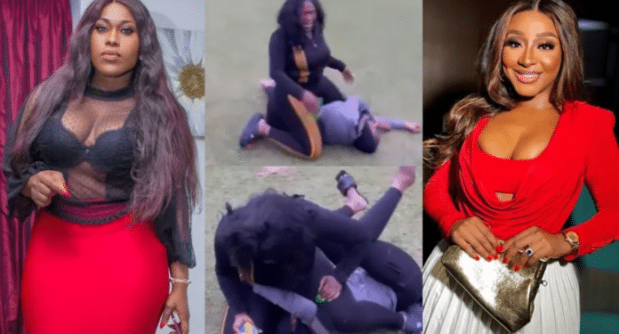 Uche Jumbo effortlessly overpower Ini Edo in a play fight on set | Battabox.com
