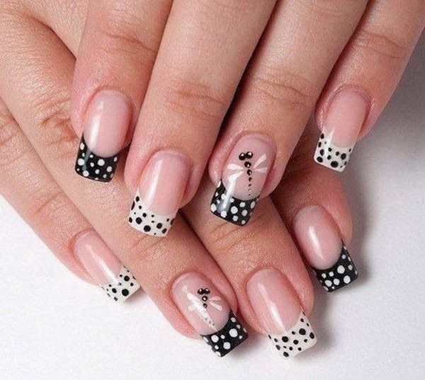  Black French tips with white polka dots