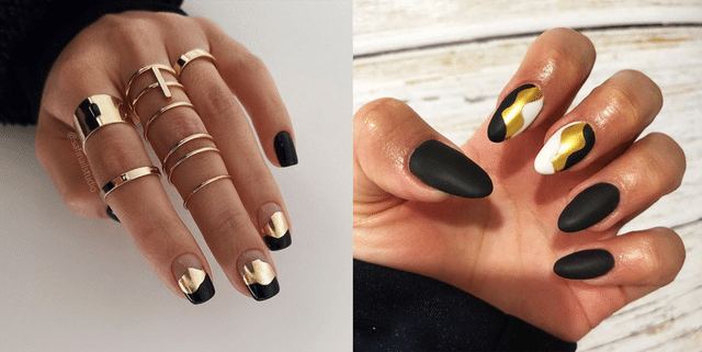 Black French tips with gold foil accents
