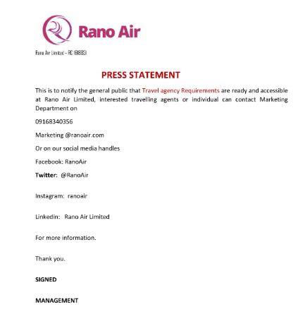 Rano airline statement 
