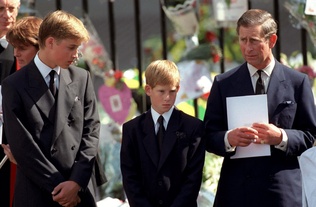 King Charles and his sons at Diana's burial ceremony 