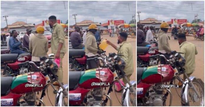 Nigerian man surprises okada man with fuel, man blushes
