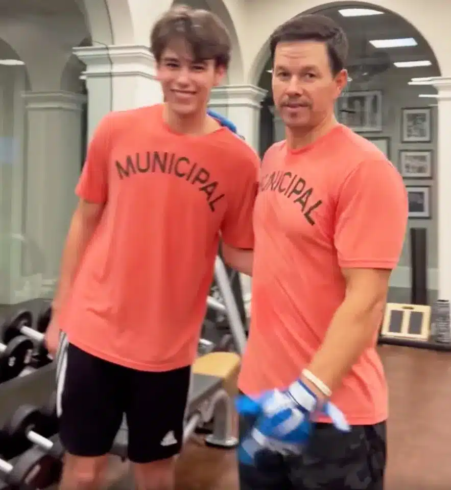 Mark Wahlberg and James in matching T-shirts