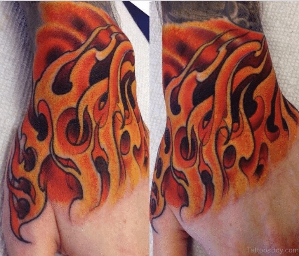 Barbed wire tattoo with flames