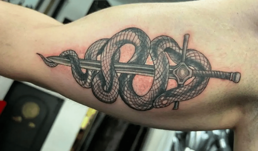Barbed wire tattoo with a snake wrapped around it