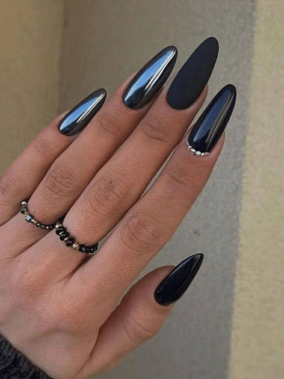 19. Black Chrome Nails with French Tip