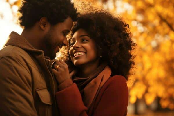 An Afro-American couple enjoying a romantic sunny autumn day