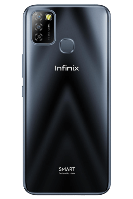 Black rear cover of the Infinix Smart 5 containing dual camera and LED flashlight