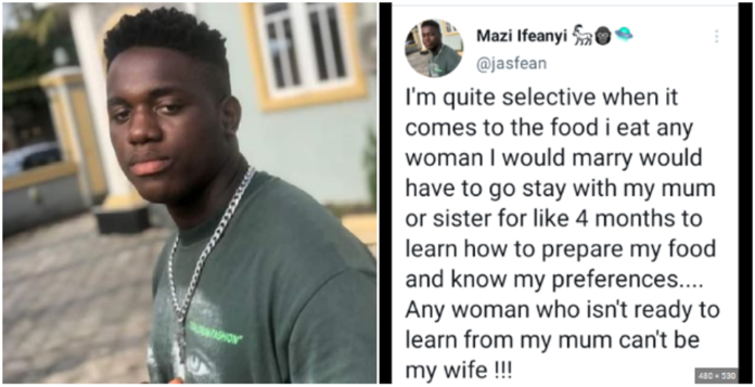Nigerian man says future wife must learn to cook from his mother