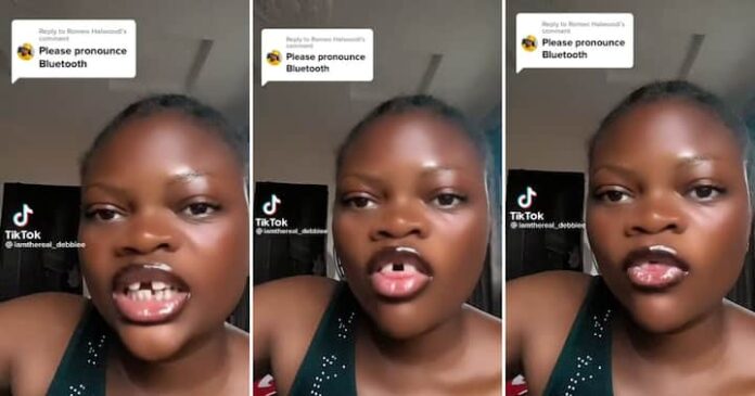 Young lady with gapped teeth tries to pronounce 'bluetooth' in funny clip