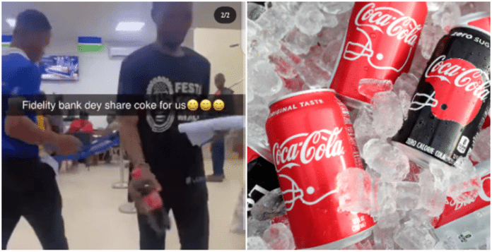 Fidelity Bank staff shares coke to customers inside banking hall