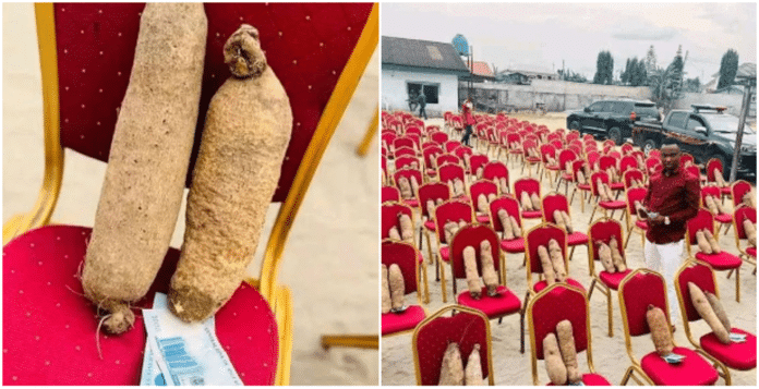 guests receive new Naira notes and tubers of yam at event