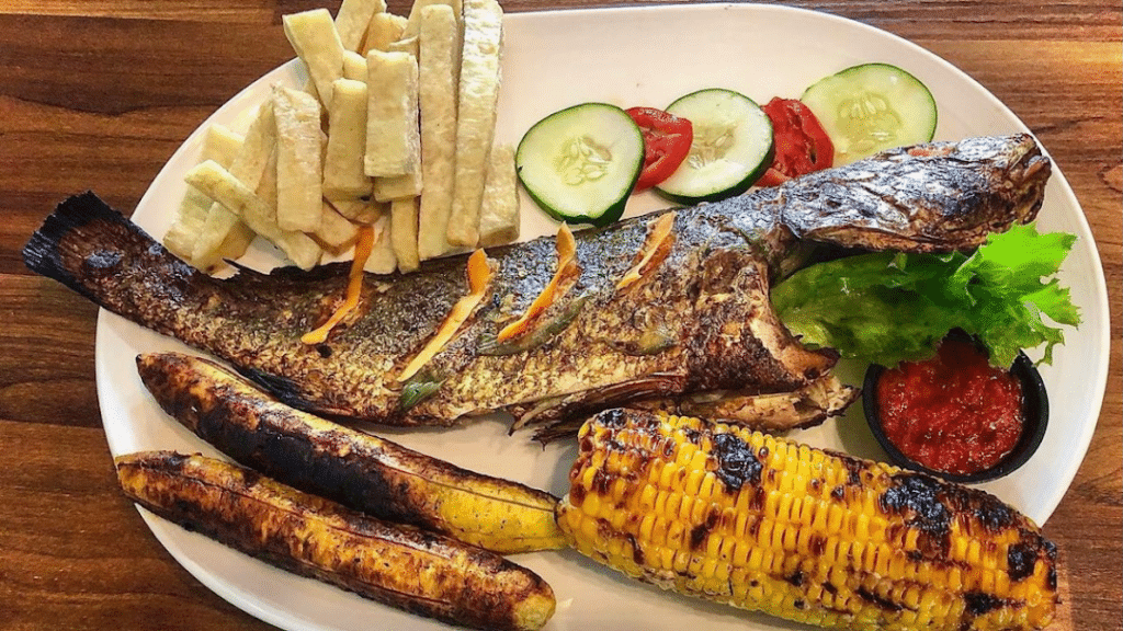 Grilled fish with yam and plantain