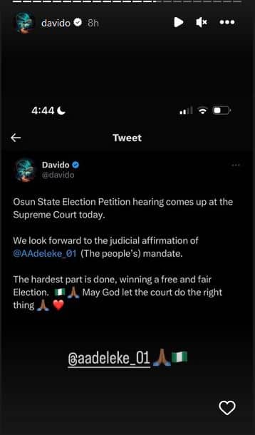 Davido on his Instagream story praying for his Uncle's victory| Battabox.com