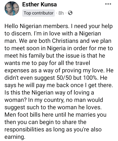 A Ugandan lady shared how her Nigerian man insisted she foots her travel expenses when she visits him.