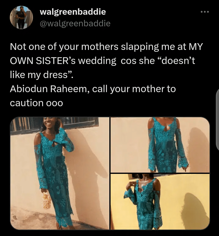 Lady slapped over choice of outfit at her sister's wedding