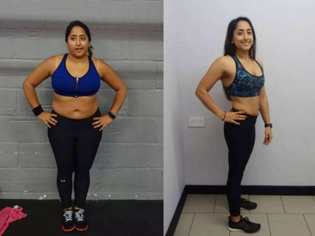 Before and after photos of a weight loss process