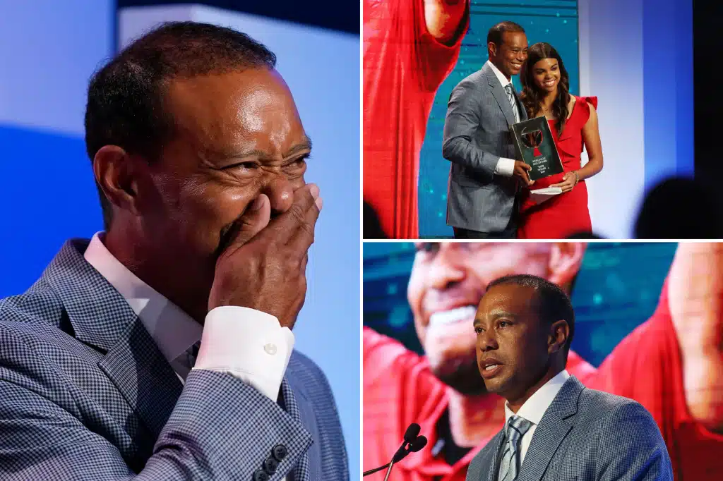 Tiger Woods gets emotional after his daughter, Sam, gave a heartfelt speech inducting him into the World Golf Hall of Fame