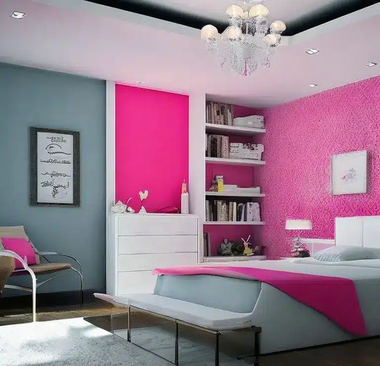 White and Magenta Pink two-colour Combination for Bedroom Wall