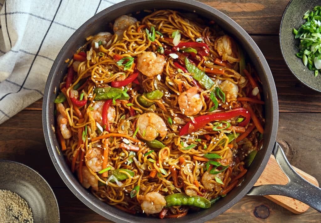 freshly prepared Shrimp Lo mein in a cooking pan