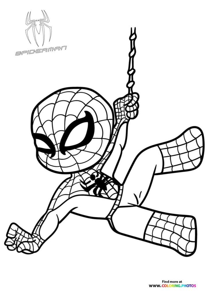 Cute spiderman hanging colouring page